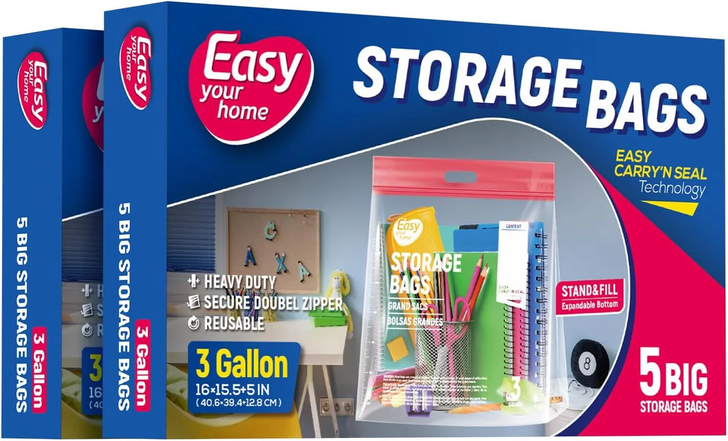 10 Extra Large Zipper Lock Storage Bags with Handle and bottom,3 Gallon Size,16"x15.5" 5",Reusable Plastic Bag with Double Zip Top for Clothing,Travel,Moving,Beach,BPA-Free,3-Mil Thick