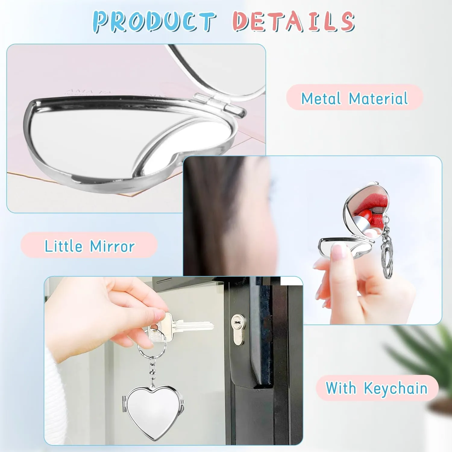 10 Pcs Compact Mirror Portable Metal Folding Mirror with Key Ring for Pockets Bags Wallets Travel Toiletries Gifts - Heart