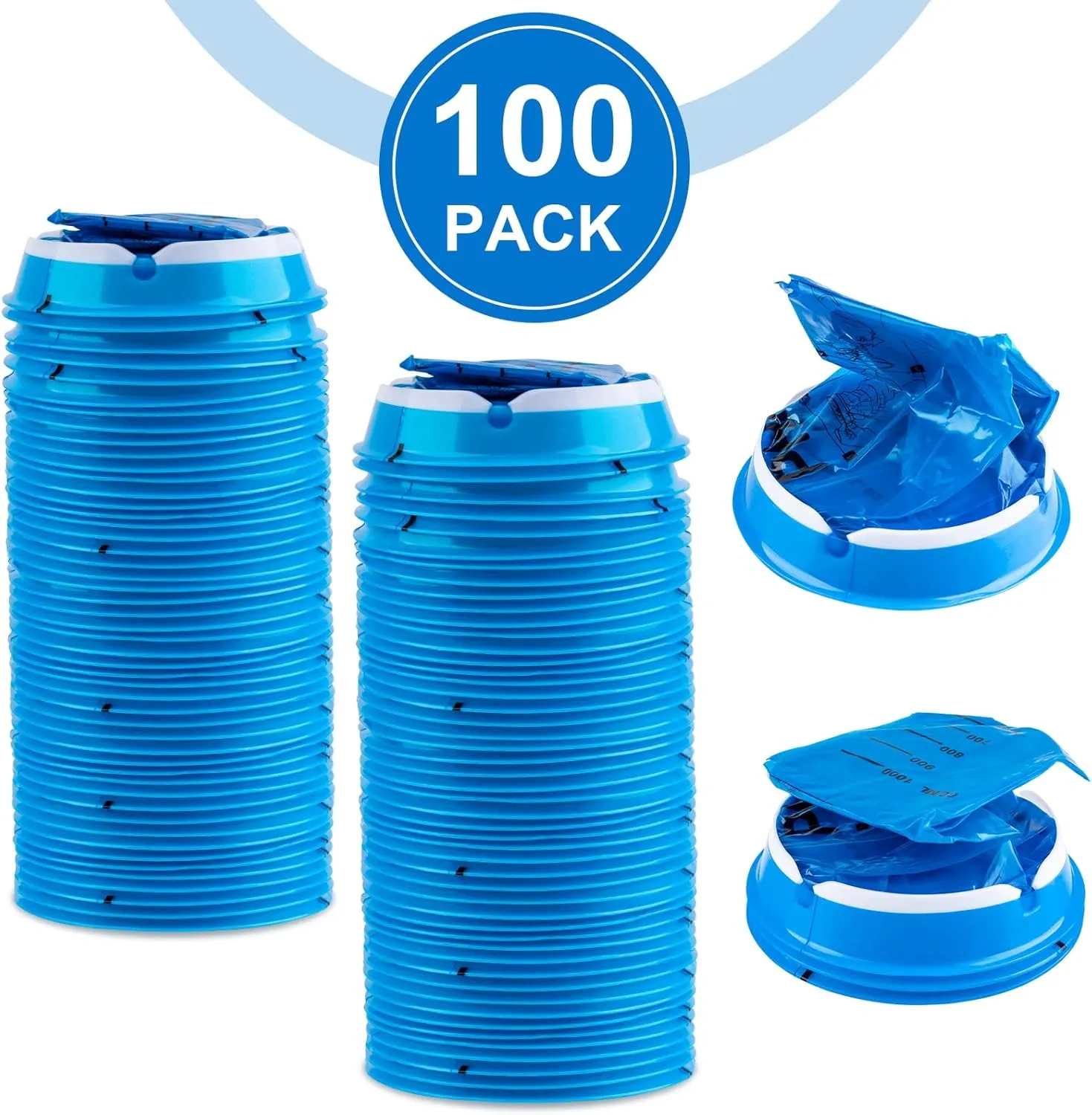 100 Pack Vomit Bags Disposable, Leak Resistant Barf Bags, Portable Blue Vomit Bag, 1000 Ml Emesis Puke Throw Up Nausea Motion Sickness Bag for Car, Aircraft, Taxi