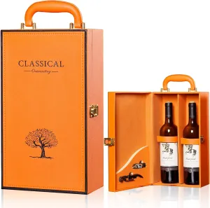 2 Bottle Leatherette Top Handle Wine Box, Orange, 13.5in x 7.8in x 5in, Travel, Special Occasions