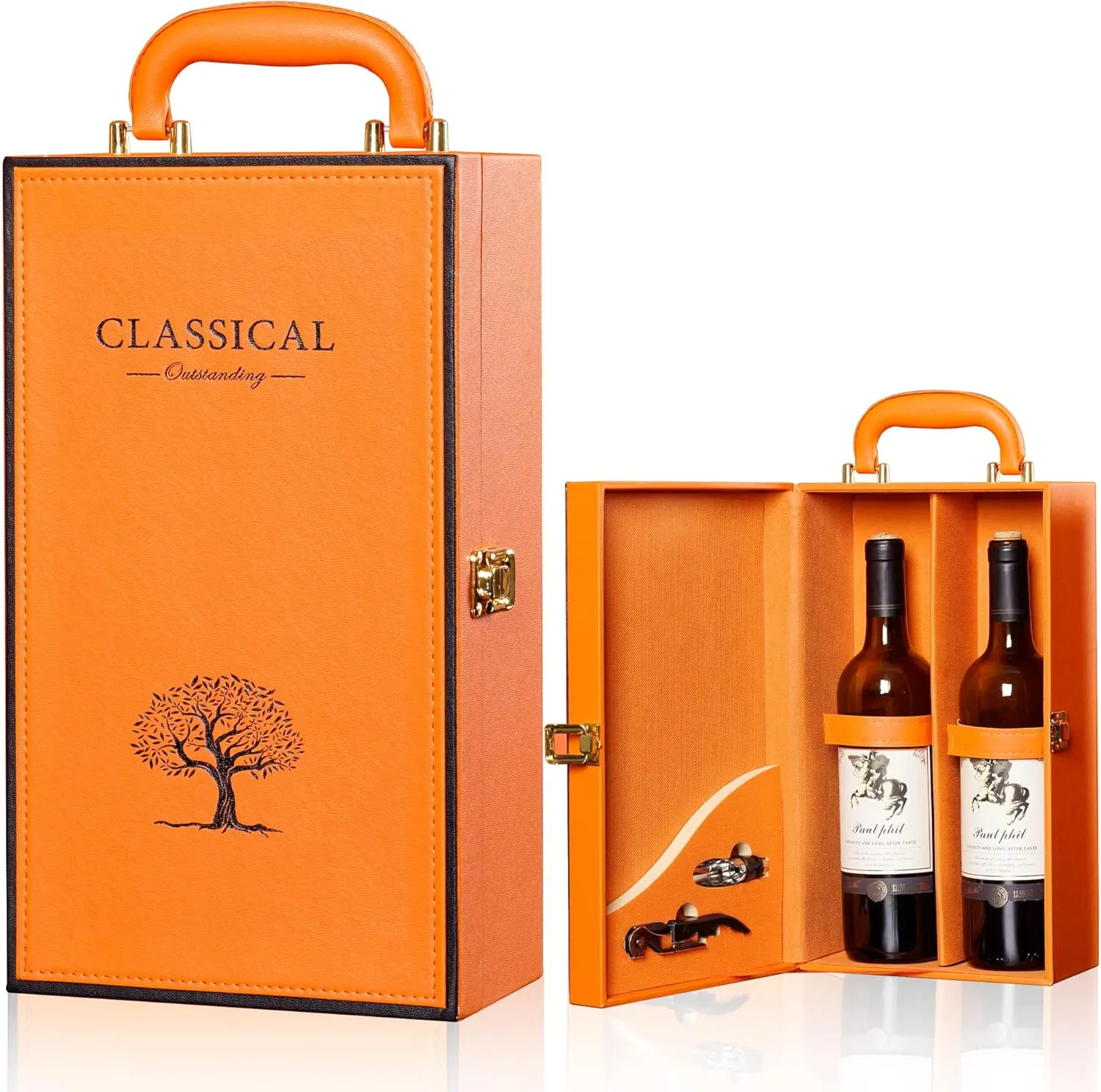 2 Bottle Leatherette Top Handle Wine Box, Orange, 13.5in x 7.8in x 5in, Travel, Special Occasions
