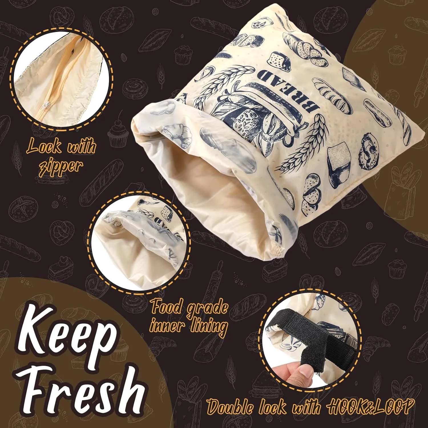2 Pcs Bread Bags,Zipper Reusable Bread Bags for Homemade Loaf,Sourdough Container,Food-grade Tpu Lining,Fresh Keeping Extra Large,Freezer Food Storage Bag,17" x 12"(Classic)