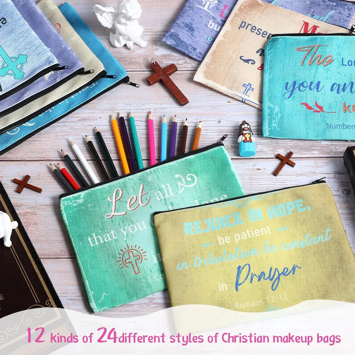 24 Pcs Christian Makeup Bag Bible Cosmetic Bags Inspirational Bible Verse Toiletry Pouches Canvas Motivational Pouches with Zipper for Women Organize Cosmetics Toiletries Stationery(Retro)