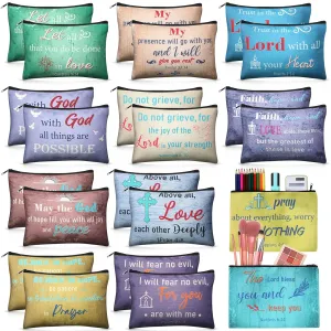 24 Pcs Christian Makeup Bag Bible Cosmetic Bags Inspirational Bible Verse Toiletry Pouches Canvas Motivational Pouches with Zipper for Women Organize Cosmetics Toiletries Stationery(Retro)