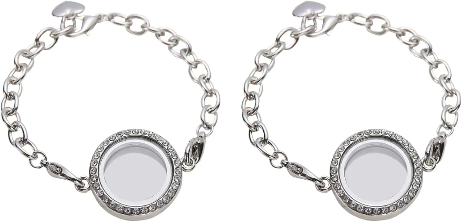 2pcs Memory Locket Bracelet Rhinestone Floating Locket Bracelet Stainless Steel Circle Bracelets women picture frame photo frame pendant