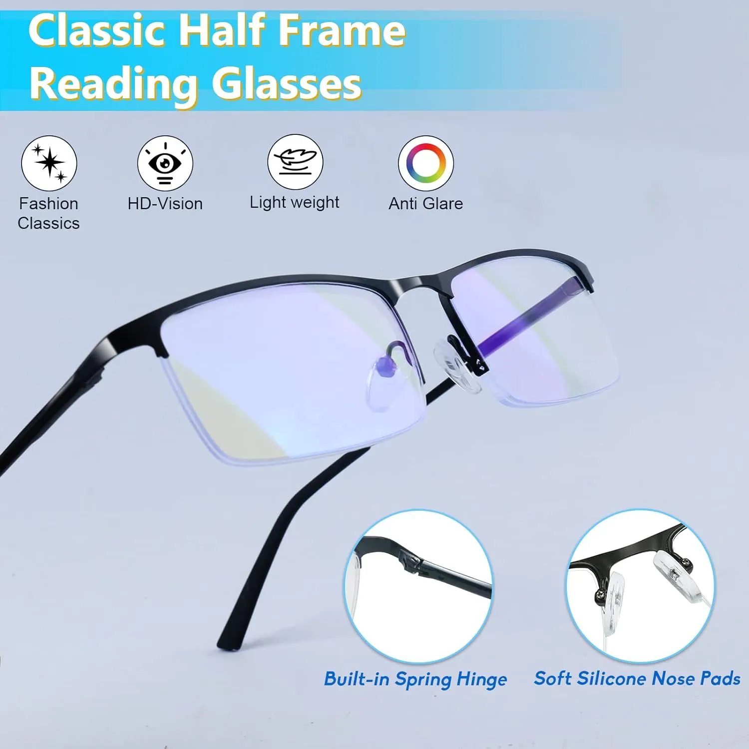 3 Pack Blue Light Blocking Reading Glasses for Men, Stylish Half Frame Metal Computer Readers, Lightweight Spring Hinge Eyeglasses Anti Eyestrain/Glare/UV (2PCS Black 1PCS Gray, 0.0)