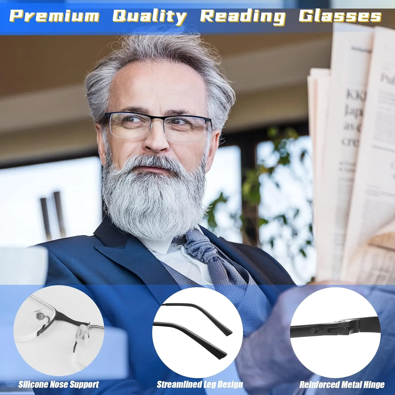 3 Pack Blue Light Blocking Reading Glasses for Men, Stylish Half Frame Metal Computer Readers, Lightweight Spring Hinge Eyeglasses Anti Eyestrain/Glare/UV (2PCS Black 1PCS Gray, 0.0)