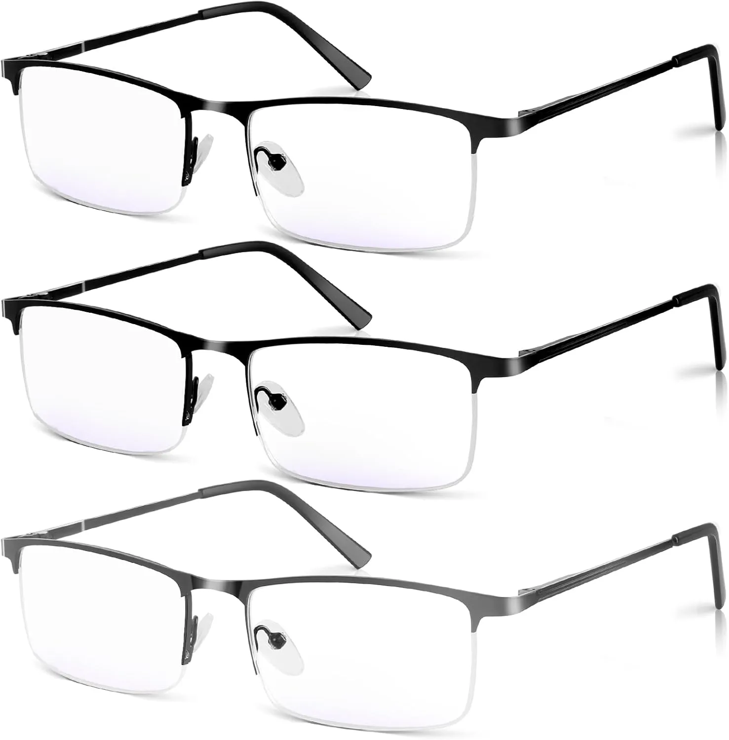 3 Pack Blue Light Blocking Reading Glasses for Men, Stylish Half Frame Metal Computer Readers, Lightweight Spring Hinge Eyeglasses Anti Eyestrain/Glare/UV (2PCS Black 1PCS Gray, 0.0)