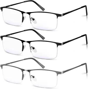3 Pack Blue Light Blocking Reading Glasses for Men, Stylish Half Frame Metal Computer Readers, Lightweight Spring Hinge Eyeglasses Anti Eyestrain/Glare/UV (2PCS Black 1PCS Gray, 0.0)