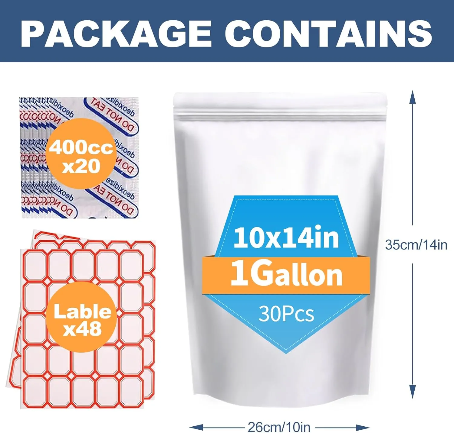 30PCS 2Gallon 17"X13" Mylar Bags for Food Storage with Oxygen Absorbers&Lables,10 Mil Thick Resealable Stand-Up Zipper&Heat Sealable Bags for Long Term Food Storage,Dried Food