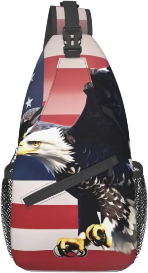 3D Bald Eagle Flying with American Flag Print Sling Backpack, Sling Bag, Crossbody Chest Bag Daypack, for Hiking Travel