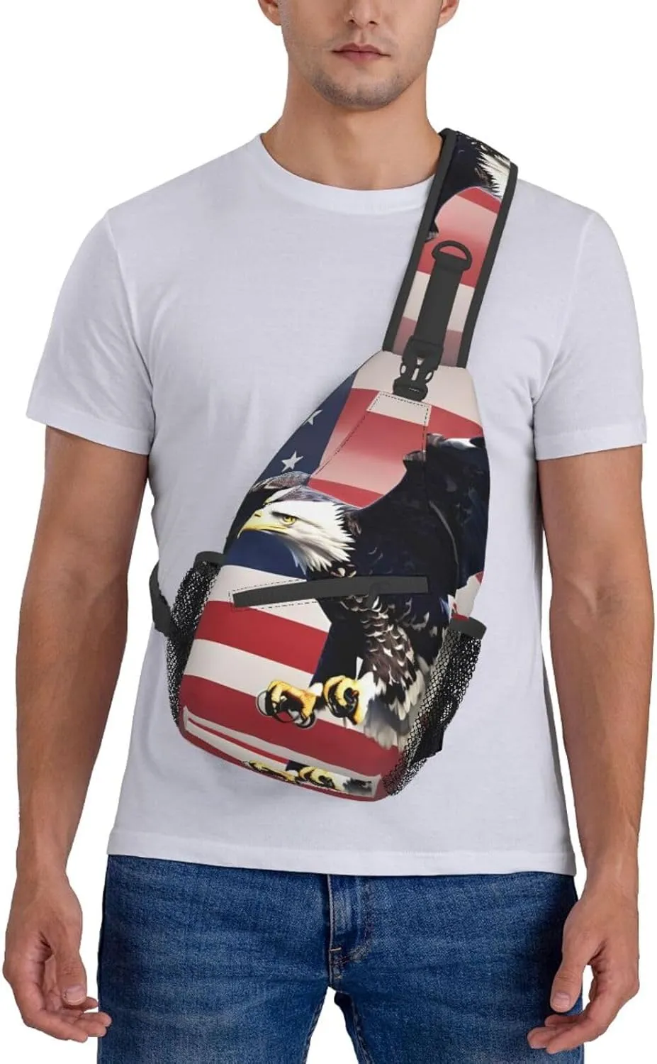3D Bald Eagle Flying with American Flag Print Sling Backpack, Sling Bag, Crossbody Chest Bag Daypack, for Hiking Travel