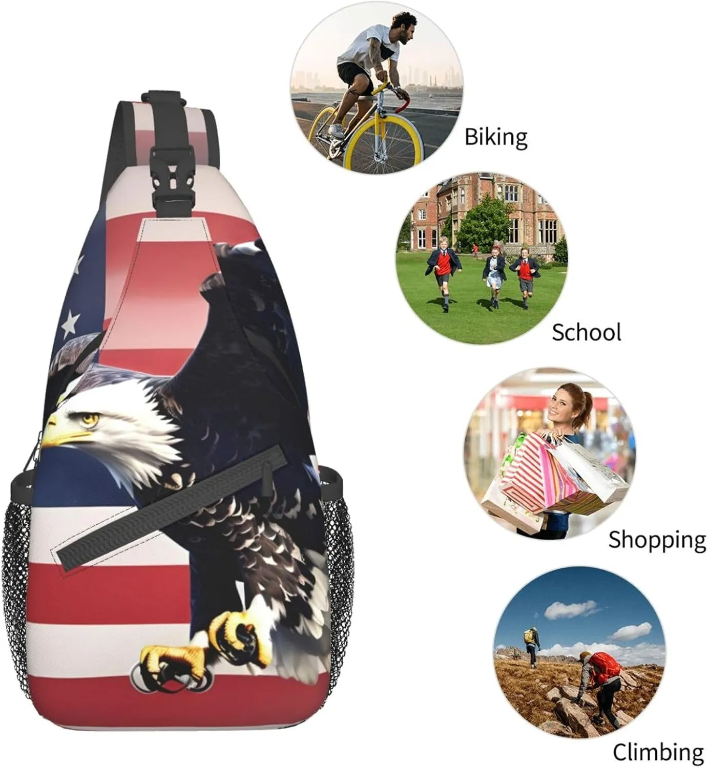 3D Bald Eagle Flying with American Flag Print Sling Backpack, Sling Bag, Crossbody Chest Bag Daypack, for Hiking Travel