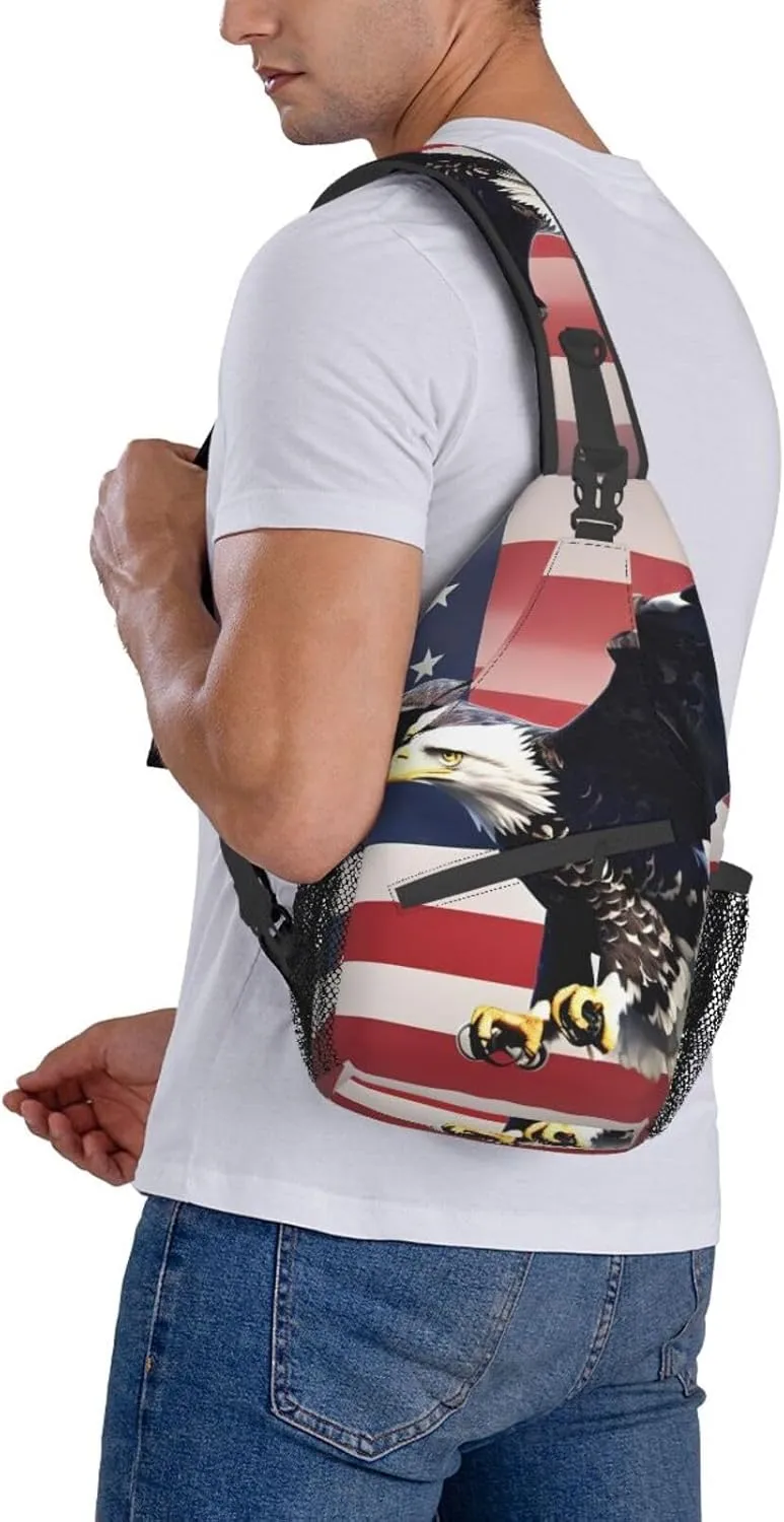 3D Bald Eagle Flying with American Flag Print Sling Backpack, Sling Bag, Crossbody Chest Bag Daypack, for Hiking Travel