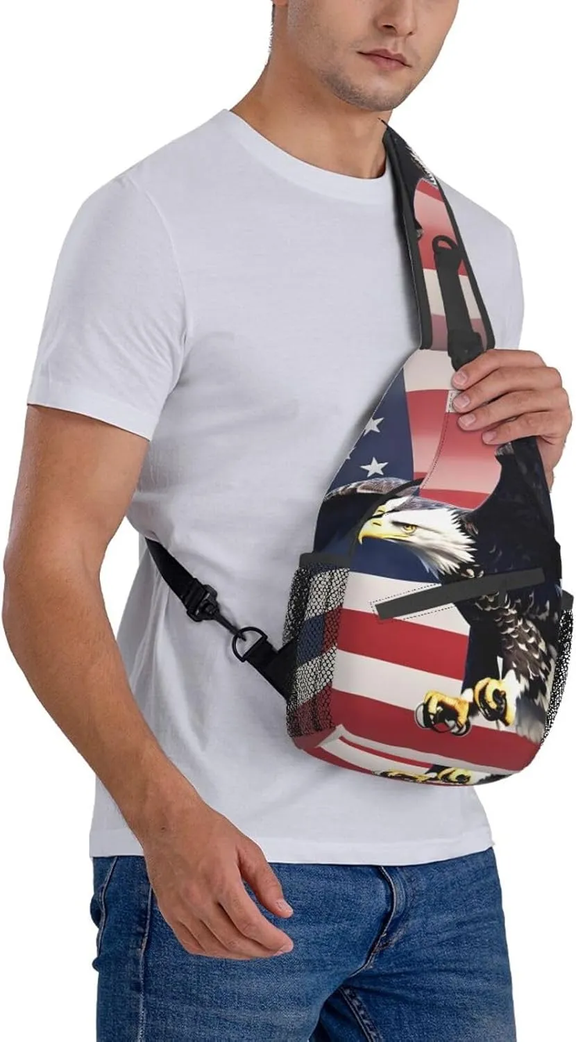 3D Bald Eagle Flying with American Flag Print Sling Backpack, Sling Bag, Crossbody Chest Bag Daypack, for Hiking Travel
