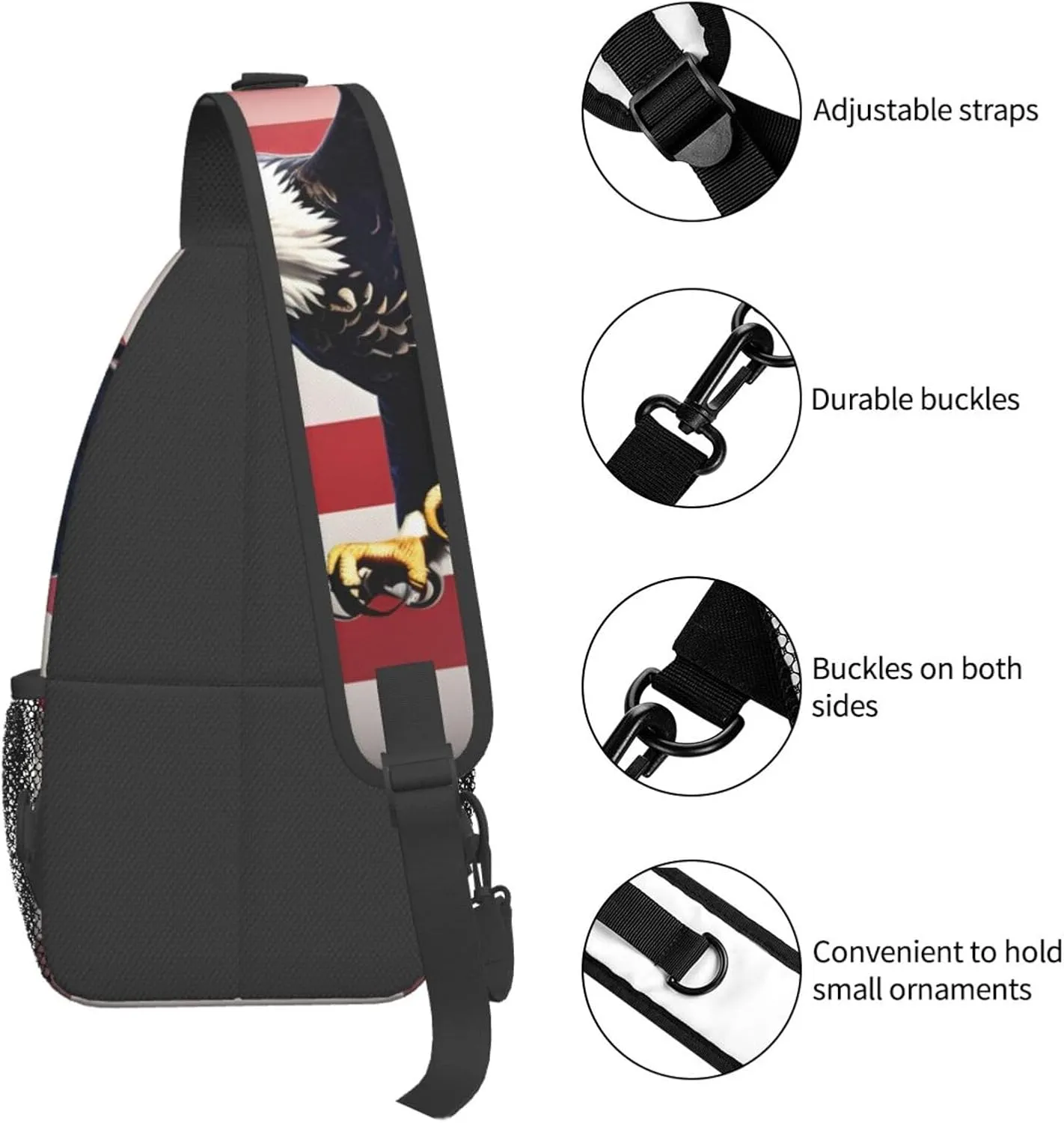 3D Bald Eagle Flying with American Flag Print Sling Backpack, Sling Bag, Crossbody Chest Bag Daypack, for Hiking Travel