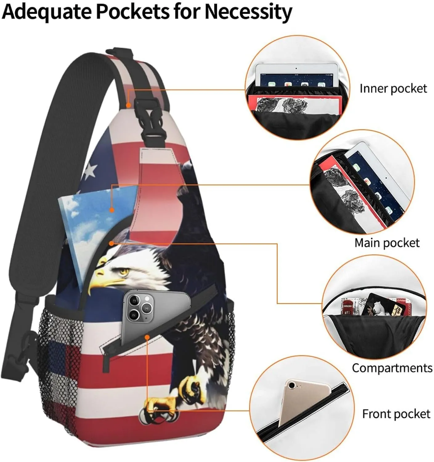 3D Bald Eagle Flying with American Flag Print Sling Backpack, Sling Bag, Crossbody Chest Bag Daypack, for Hiking Travel