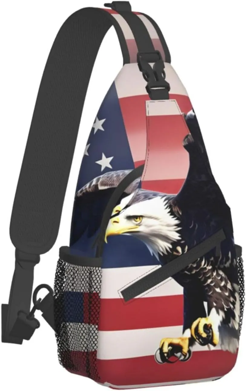 3D Bald Eagle Flying with American Flag Print Sling Backpack, Sling Bag, Crossbody Chest Bag Daypack, for Hiking Travel