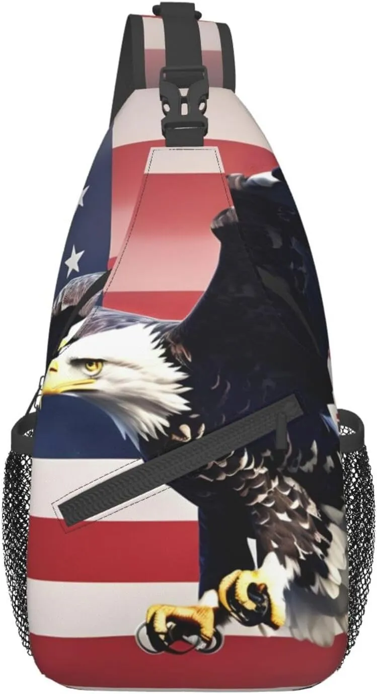 3D Bald Eagle Flying with American Flag Print Sling Backpack, Sling Bag, Crossbody Chest Bag Daypack, for Hiking Travel