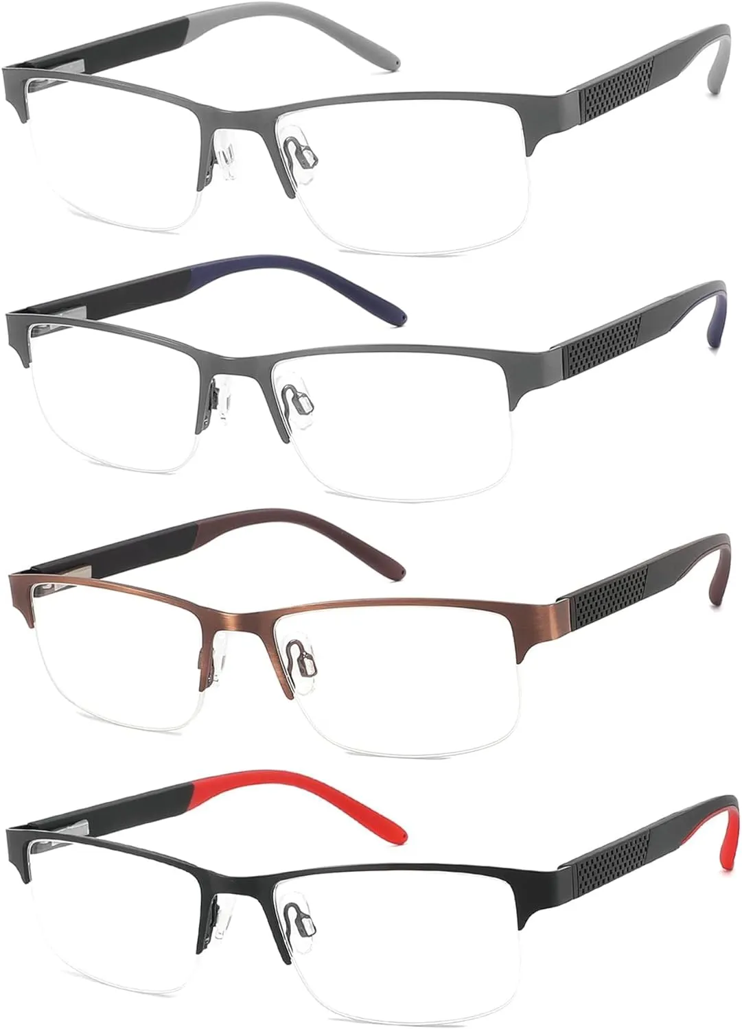 4 Pack Reading Glasses for Men, Blue Light Blocking Computer Readers, Anti UV Ray/Eye Strain/Glare, Metal Frame Eyeglasses with Pouches(200 Magnification Strength)