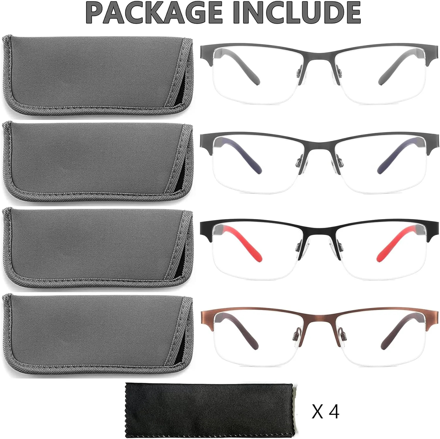 4 Pack Reading Glasses for Men, Blue Light Blocking Computer Readers, Anti UV Ray/Eye Strain/Glare, Metal Frame Eyeglasses with Pouches(200 Magnification Strength)