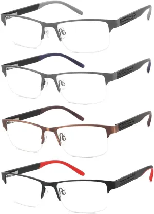 4 Pack Reading Glasses for Men, Blue Light Blocking Computer Readers, Anti UV Ray/Eye Strain/Glare, Metal Frame Eyeglasses with Pouches(200 Magnification Strength)