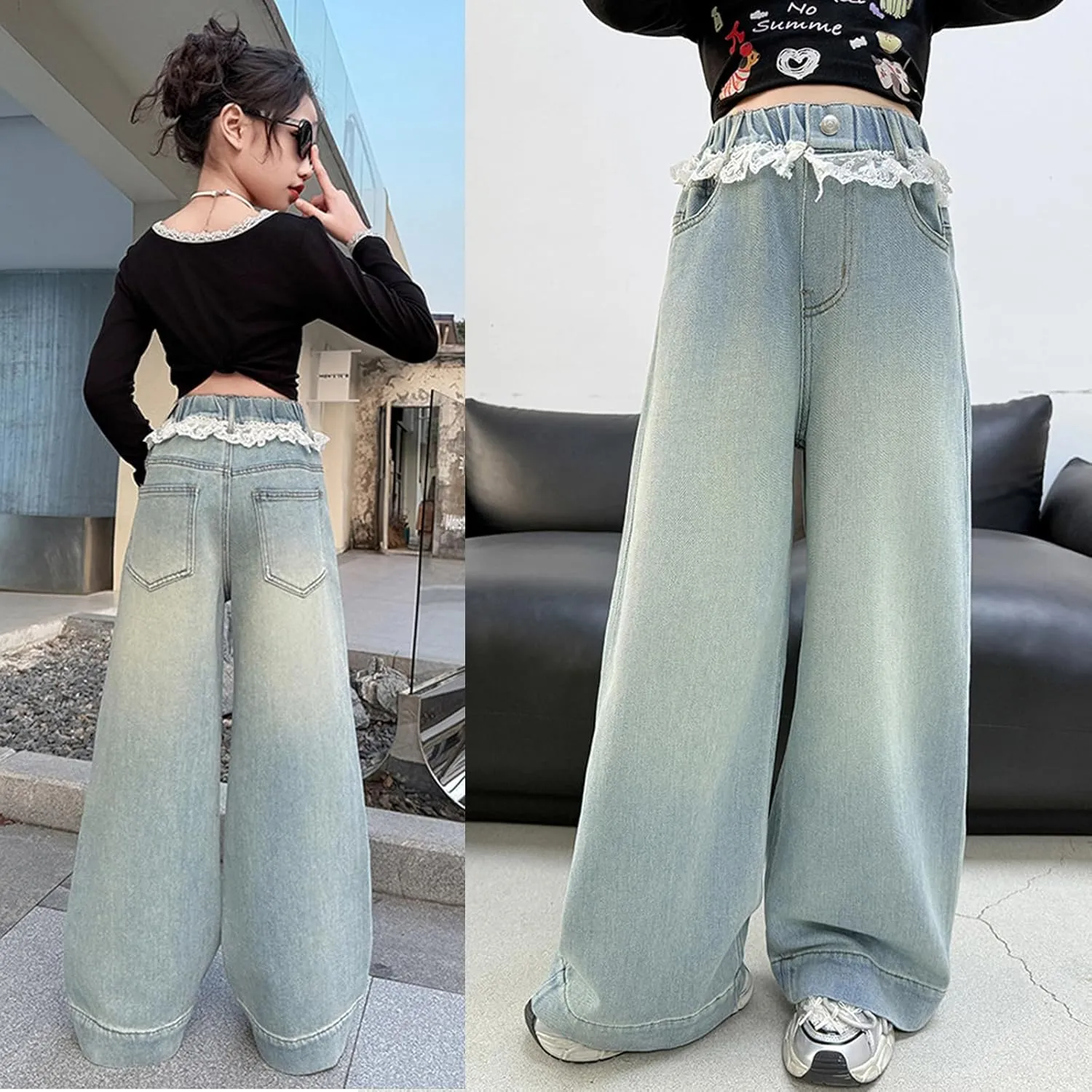 5-14 yrs Kids Girls Jeans Distressed Elastic Waist Baggy Denim Wide Leg Pants Trousers
