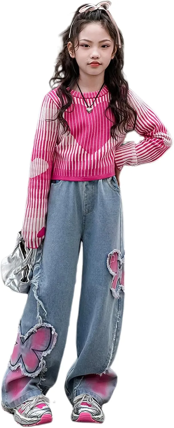 5-14 yrs Kids Girls Jeans Distressed Elastic Waist Baggy Denim Wide Leg Pants Trousers