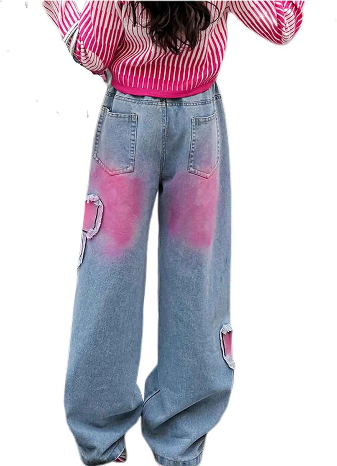 5-14 yrs Kids Girls Jeans Distressed Elastic Waist Baggy Denim Wide Leg Pants Trousers