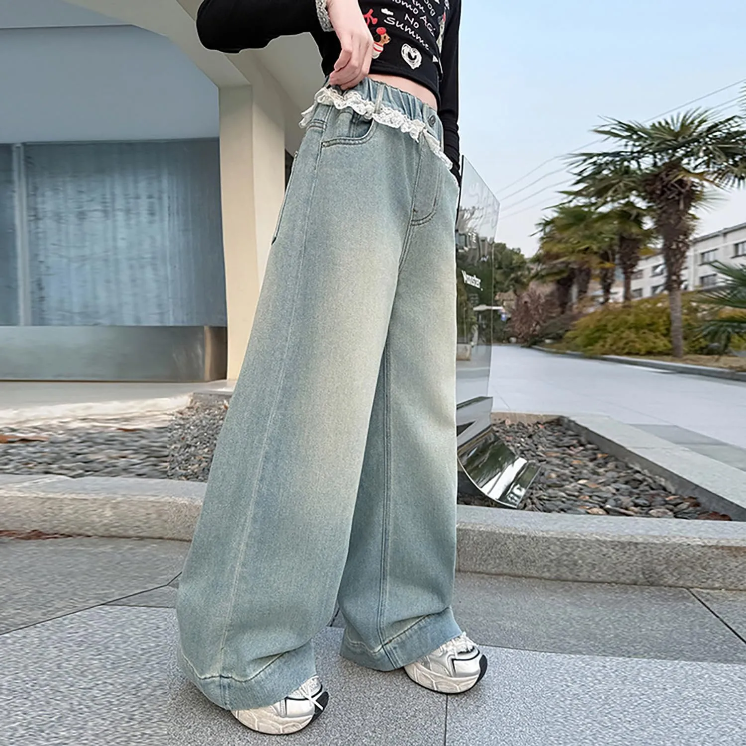 5-14 yrs Kids Girls Jeans Distressed Elastic Waist Baggy Denim Wide Leg Pants Trousers