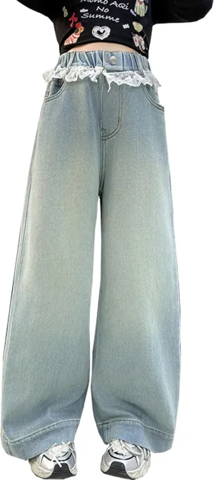 5-14 yrs Kids Girls Jeans Distressed Elastic Waist Baggy Denim Wide Leg Pants Trousers
