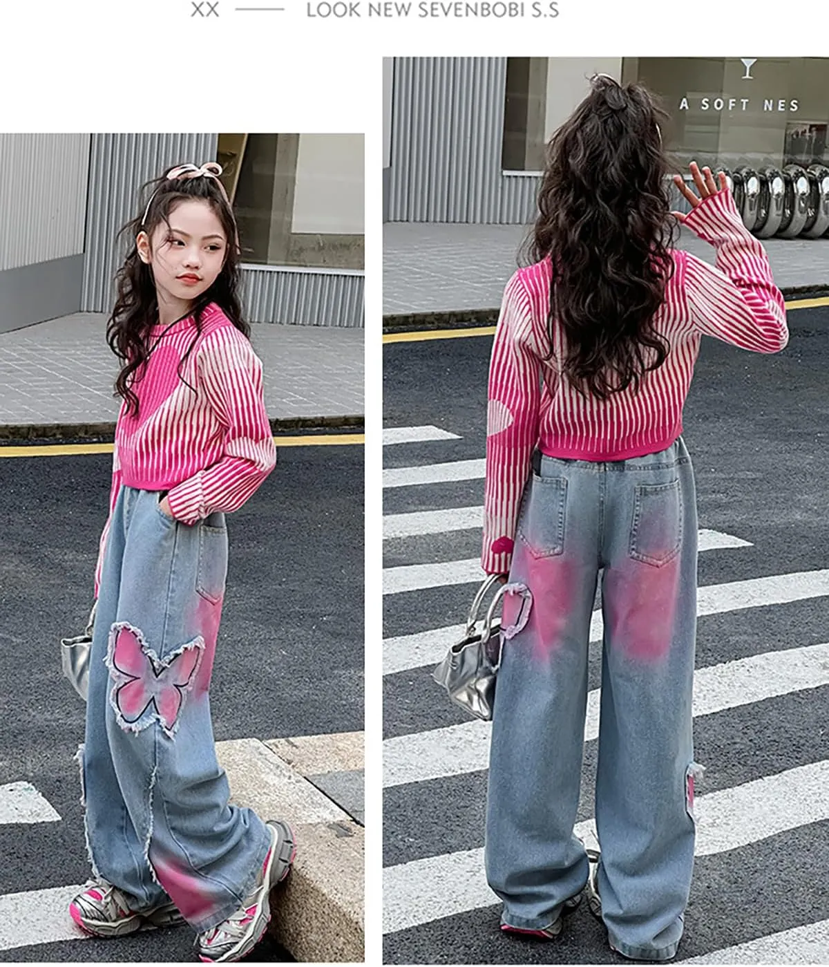 5-14 yrs Kids Girls Jeans Distressed Elastic Waist Baggy Denim Wide Leg Pants Trousers