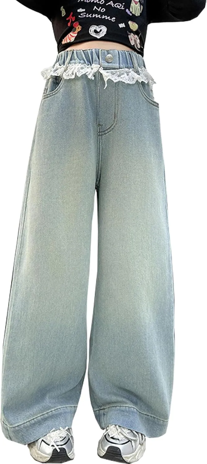 5-14 yrs Kids Girls Jeans Distressed Elastic Waist Baggy Denim Wide Leg Pants Trousers
