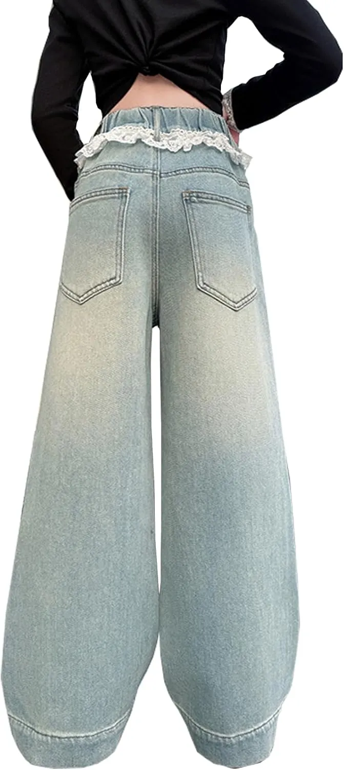 5-14 yrs Kids Girls Jeans Distressed Elastic Waist Baggy Denim Wide Leg Pants Trousers