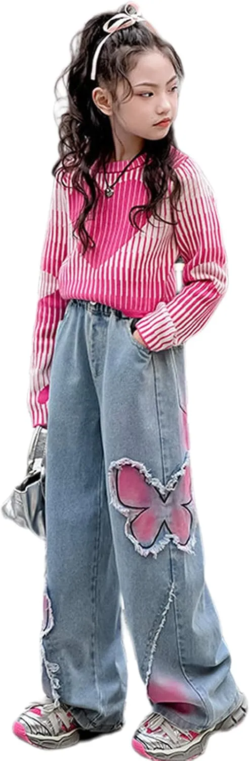 5-14 yrs Kids Girls Jeans Distressed Elastic Waist Baggy Denim Wide Leg Pants Trousers