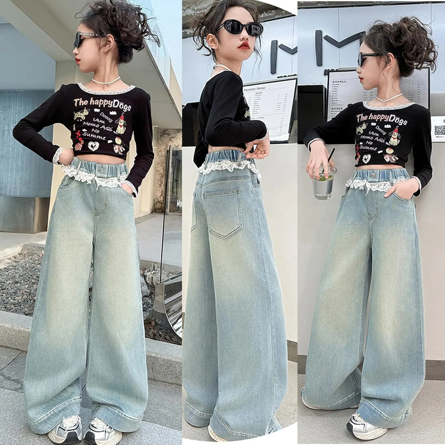 5-14 yrs Kids Girls Jeans Distressed Elastic Waist Baggy Denim Wide Leg Pants Trousers