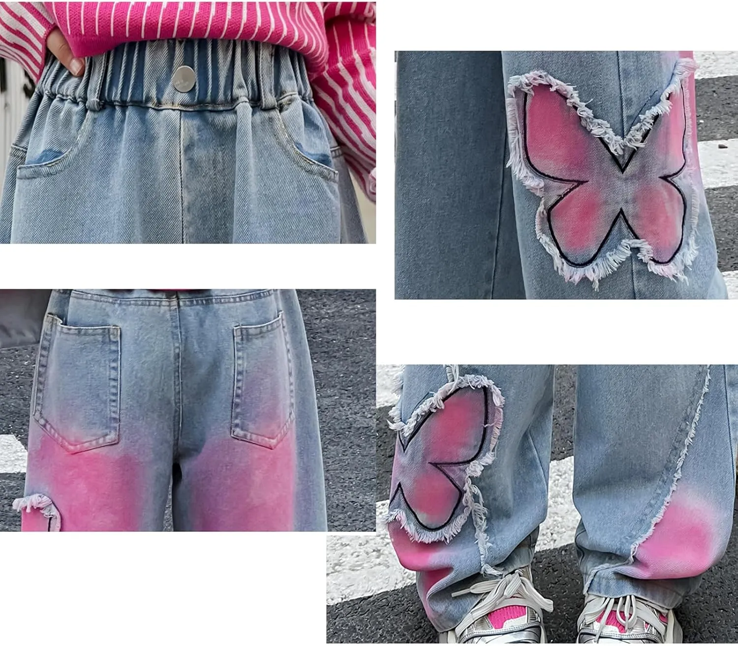 5-14 yrs Kids Girls Jeans Distressed Elastic Waist Baggy Denim Wide Leg Pants Trousers
