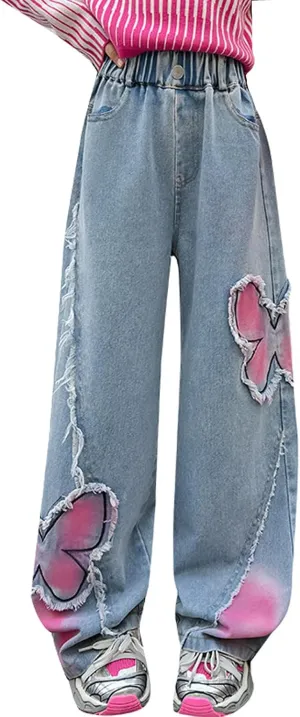 5-14 yrs Kids Girls Jeans Distressed Elastic Waist Baggy Denim Wide Leg Pants Trousers