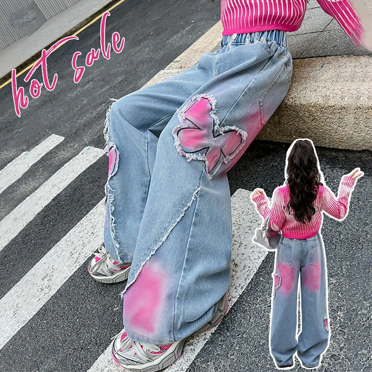 5-14 yrs Kids Girls Jeans Distressed Elastic Waist Baggy Denim Wide Leg Pants Trousers