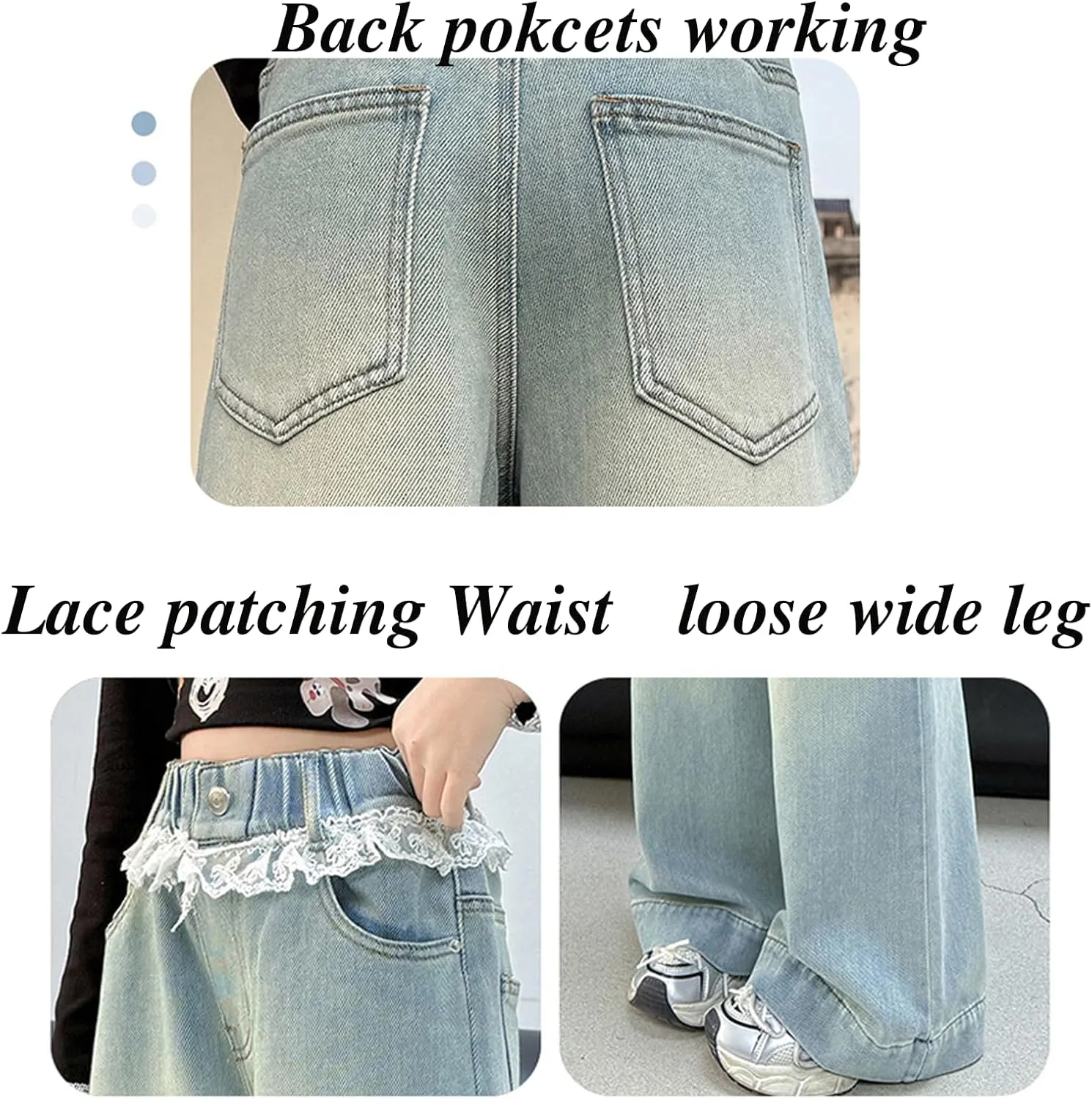 5-14 yrs Kids Girls Jeans Distressed Elastic Waist Baggy Denim Wide Leg Pants Trousers