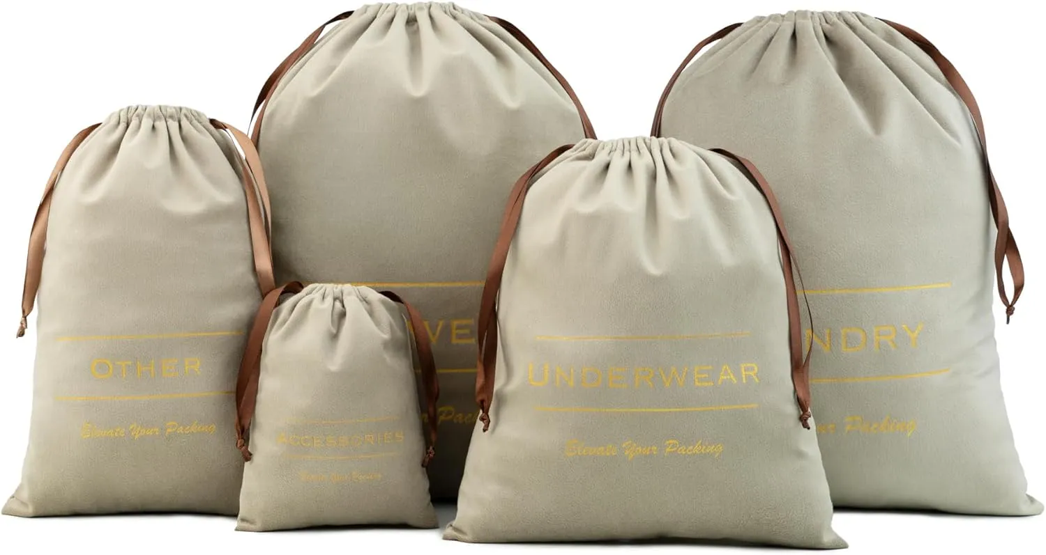 5 Set Travel Organizer Bags | Packing Pouches | Luggage Organizers | Labeled Organizers for Suitcase | Travel Packing Bags for Underwear, Shoes, Laundry, Accessories | Organizers with Drawstrings