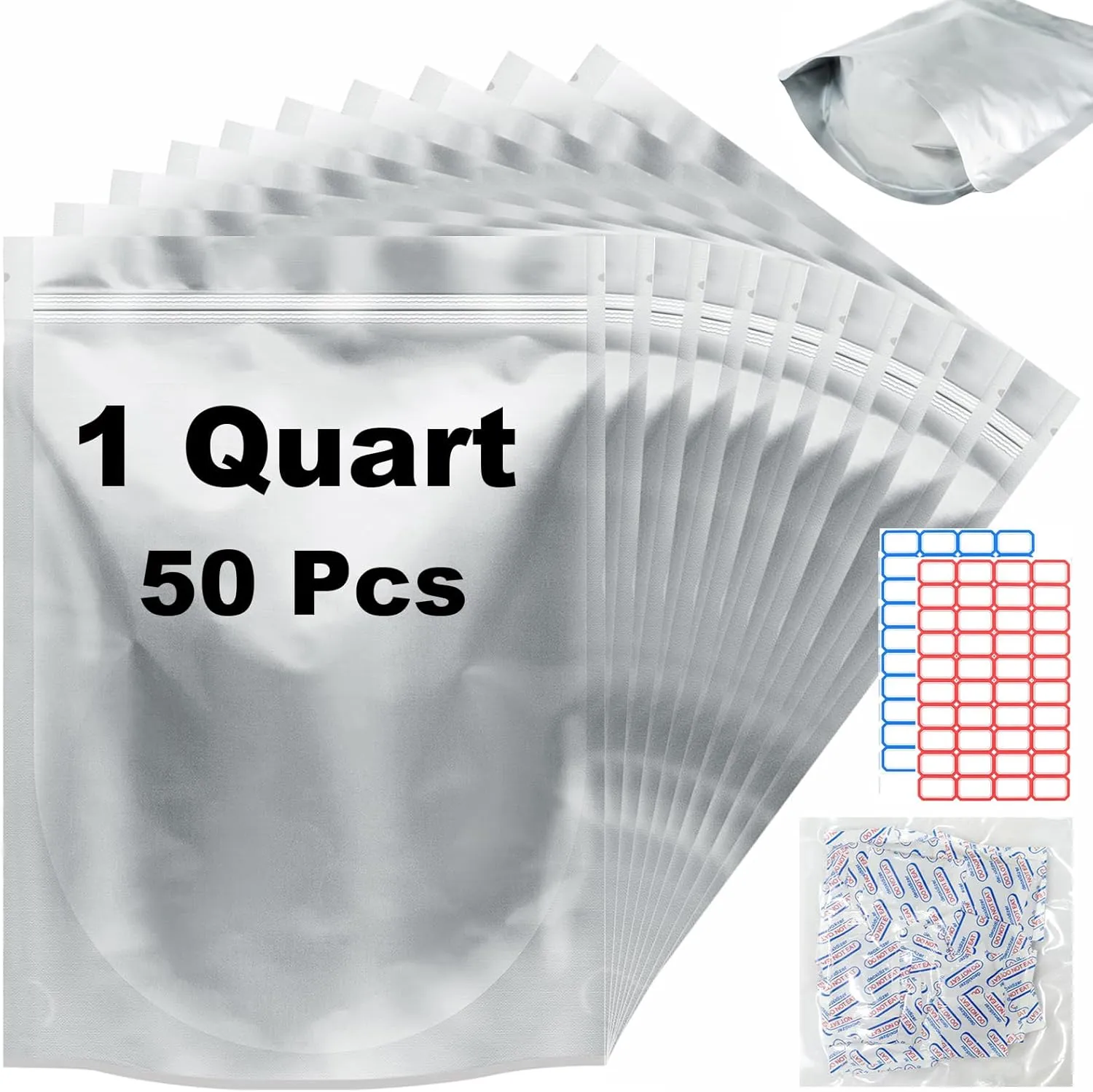 50Pcs 1 Quart Mylar Bags for Food Storage with Oxygen Absorbers 10 Mil Stand-Up Zipper Pouches with 400cc Oxygen Absorbers and Labels Heat Sealable Bags for Long Term Food Storage