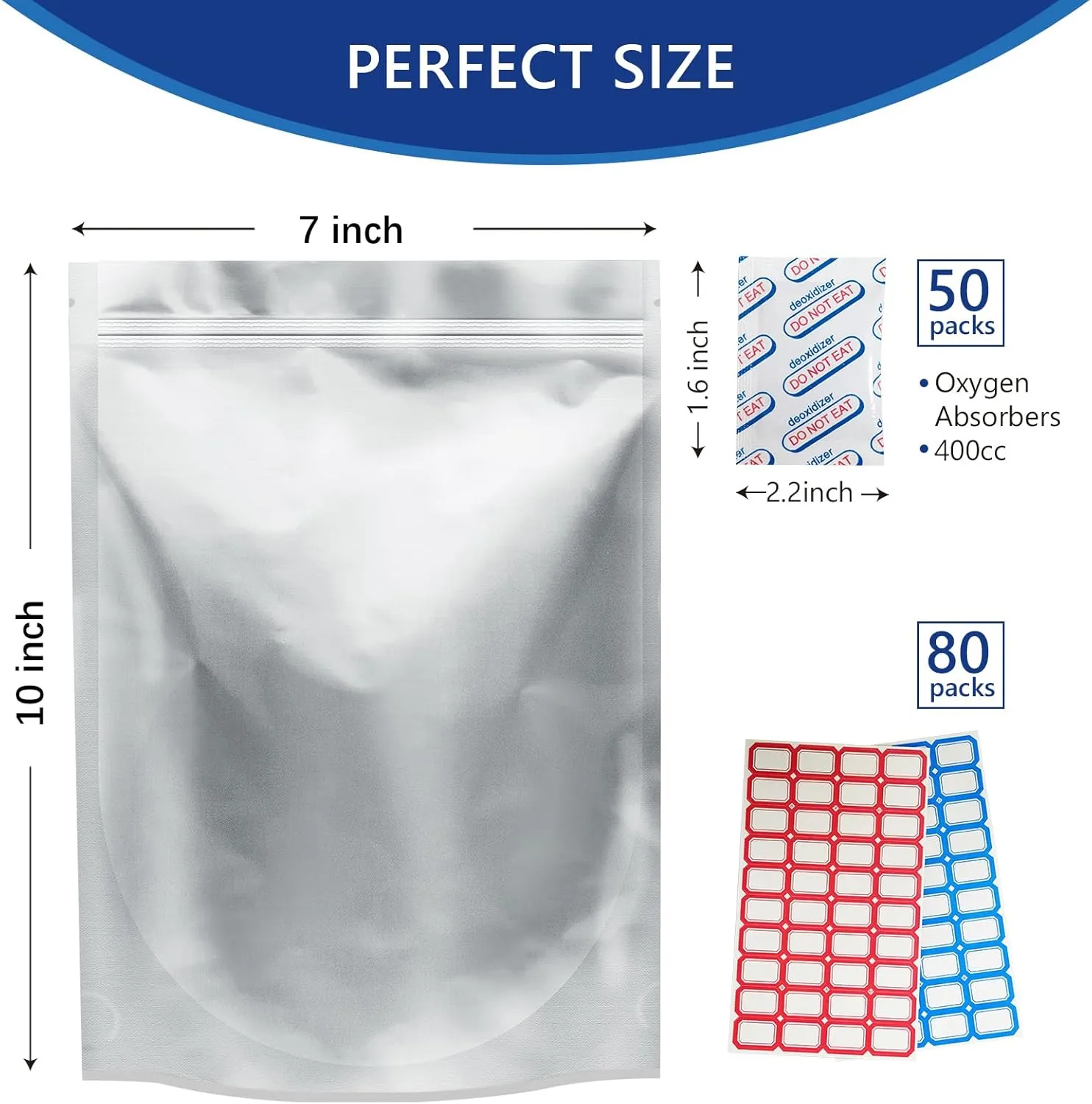 50Pcs 1 Quart Mylar Bags for Food Storage with Oxygen Absorbers 10 Mil Stand-Up Zipper Pouches with 400cc Oxygen Absorbers and Labels Heat Sealable Bags for Long Term Food Storage