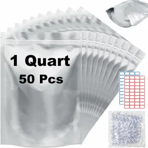 50Pcs 1 Quart Mylar Bags for Food Storage with Oxygen Absorbers 10 Mil Stand-Up Zipper Pouches with 400cc Oxygen Absorbers and Labels Heat Sealable Bags for Long Term Food Storage