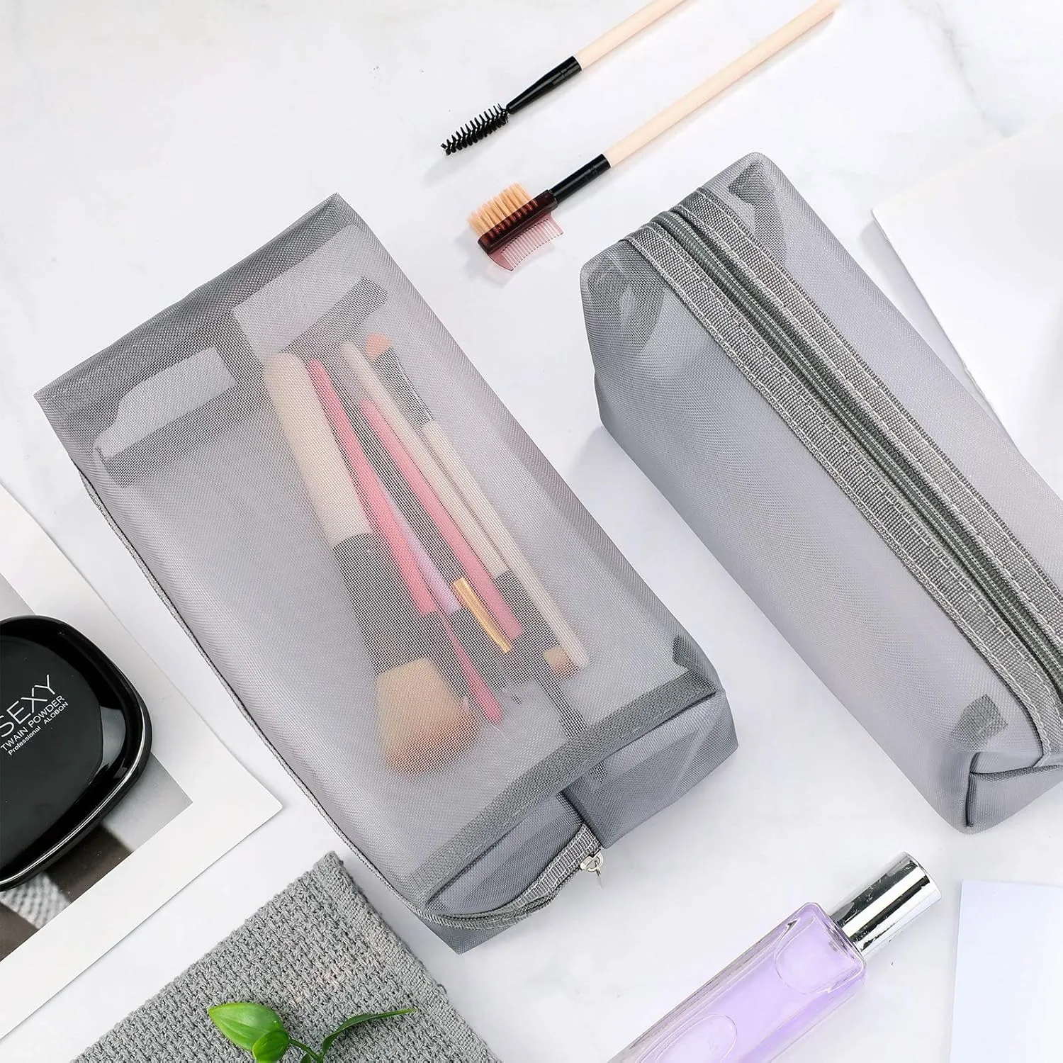 6 Pieces Mesh Makeup Bags Mesh Cosmetic Bag Portable Travel Organizing Zipper Pouch Toiletries Makeup Pouches for Home Office Travel Accessories (Gray)