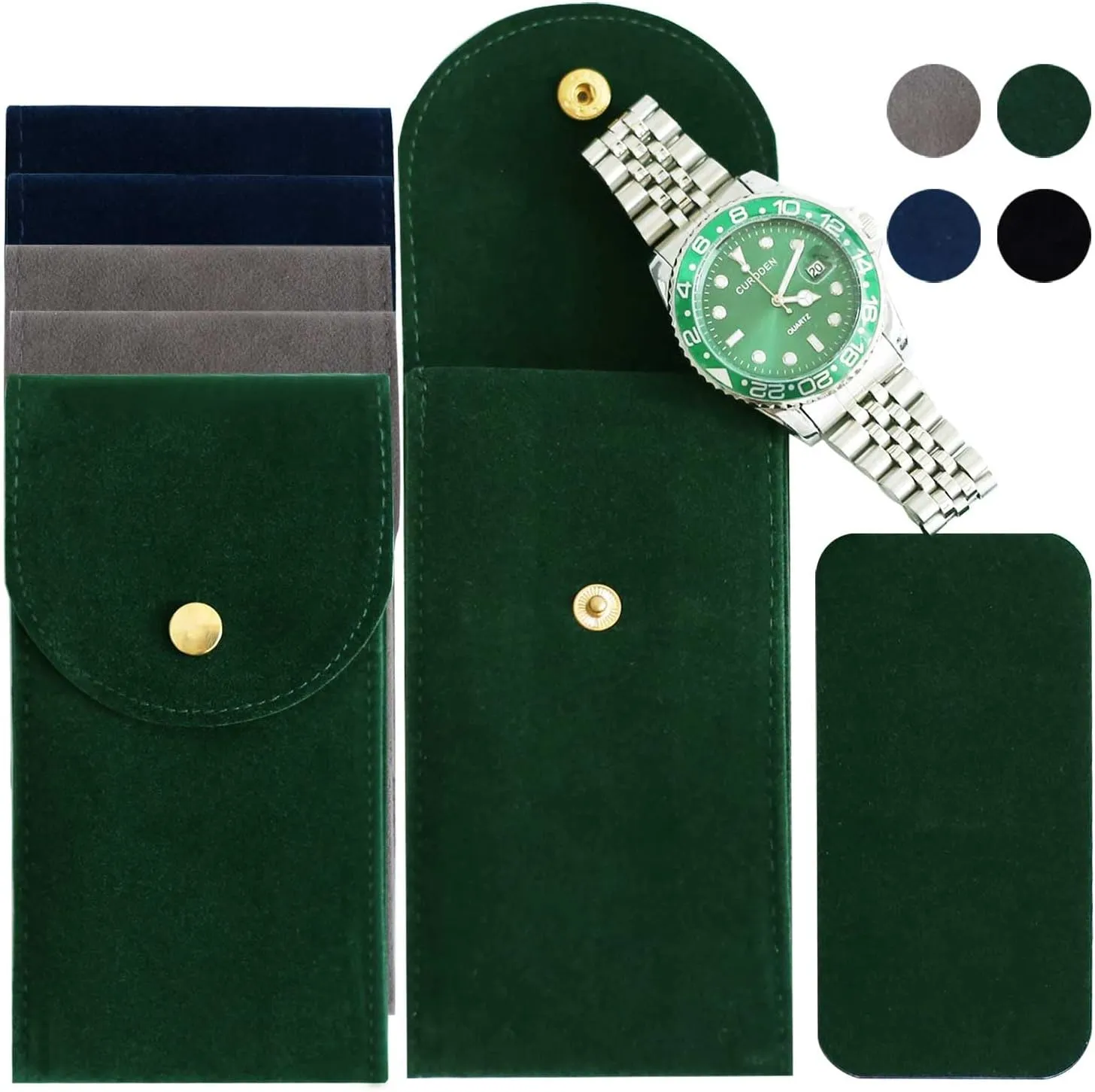 6PCS Portable Velvet Watch Pouch for Men and Women - Single Case, Soft Storage Bag, Organizer (2 Green, 2 Gray, 2 Blue)