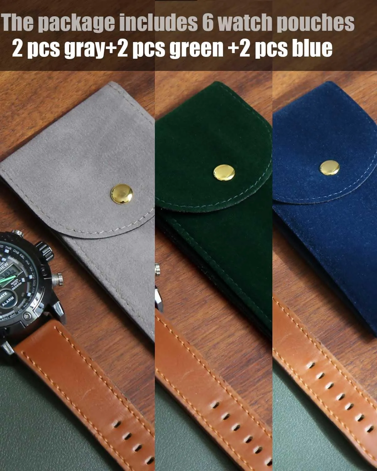 6PCS Portable Velvet Watch Pouch for Men and Women - Single Case, Soft Storage Bag, Organizer (2 Green, 2 Gray, 2 Blue)