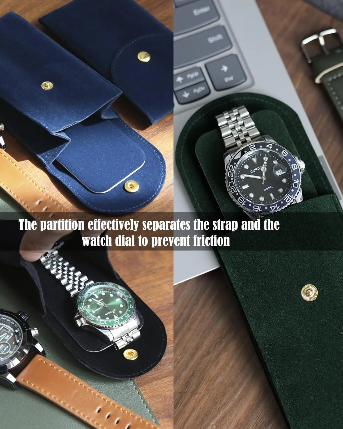 6PCS Portable Velvet Watch Pouch for Men and Women - Single Case, Soft Storage Bag, Organizer (2 Green, 2 Gray, 2 Blue)