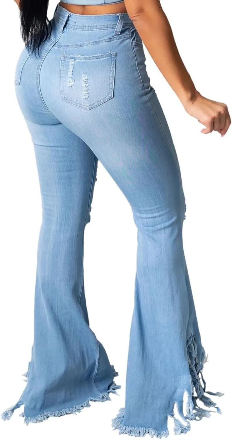 70s Bell Bottom Jeans for Women Elastic High Waisted Raw Hem Denim Pants Classic Vintage Flared Jeans