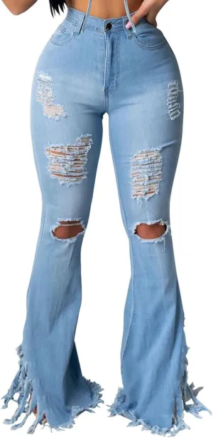 70s Bell Bottom Jeans for Women Elastic High Waisted Raw Hem Denim Pants Classic Vintage Flared Jeans